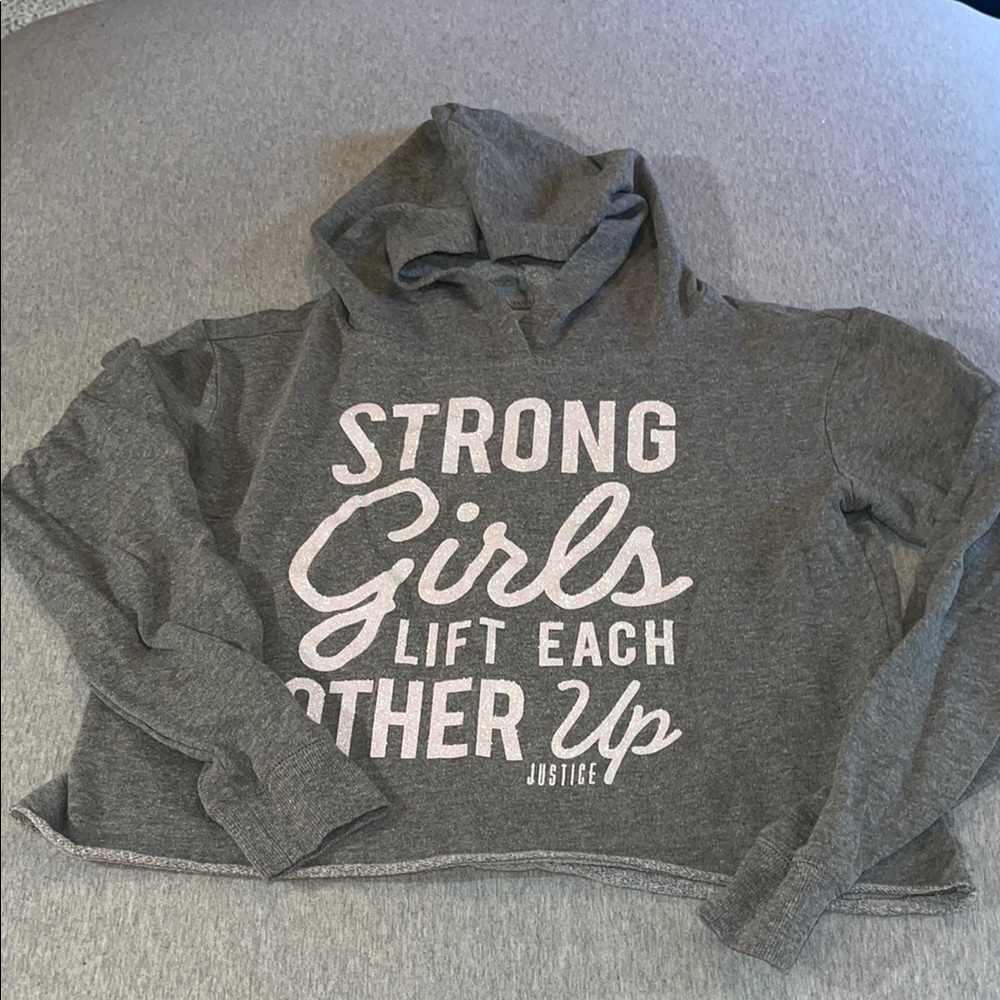 Justice Gray and White Cropped Hoodie Sweatshirt